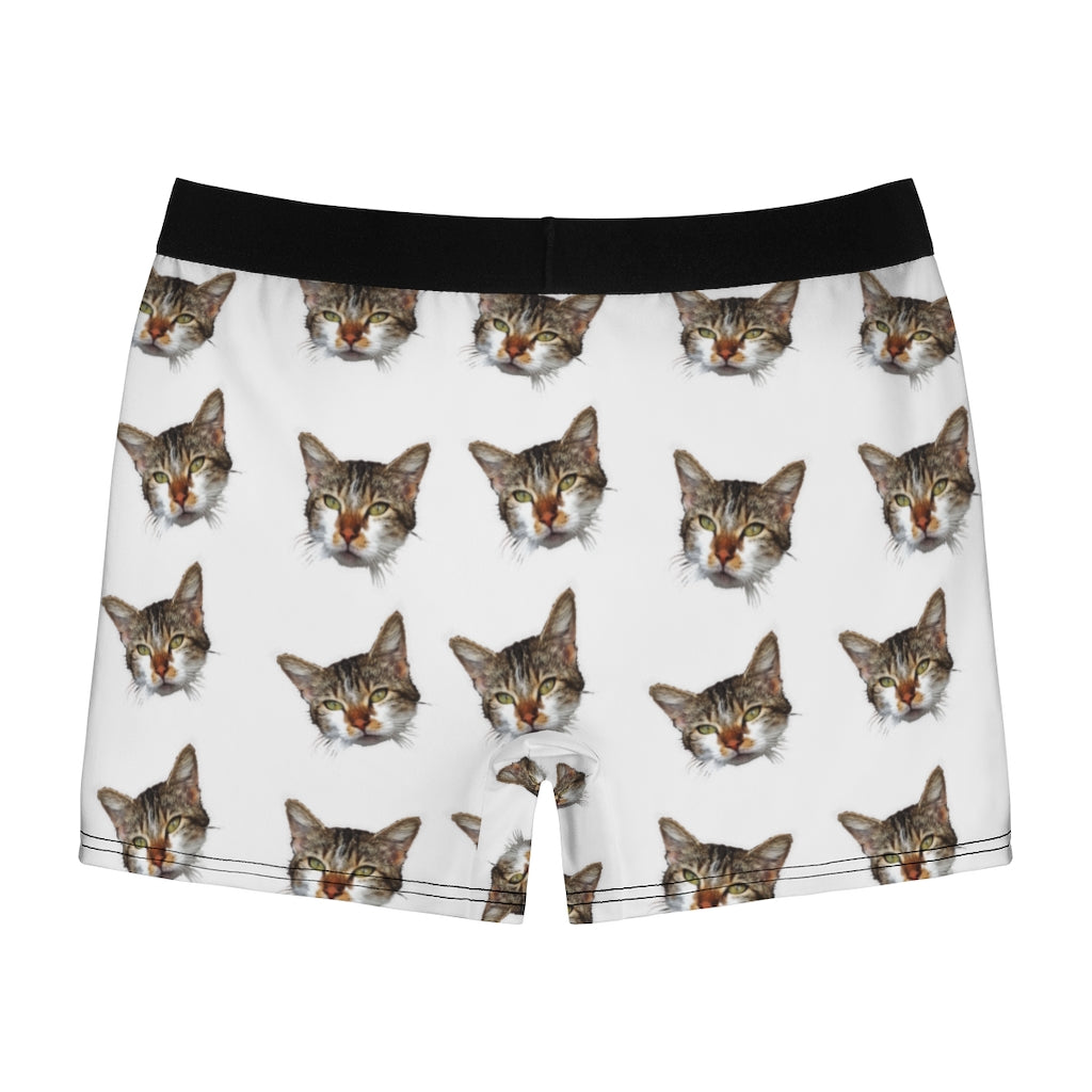 White Cat Print Men's Underwear, Cute Cat Print Boxer Briefs For