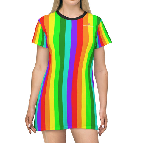 Rainbow Striped T-Shirt Dress, Gay Pride Vertical Striped Print Designer Crew Neck Women's Long Tee T-shirt Dress-Made in USA (US Size: XS-2XL)