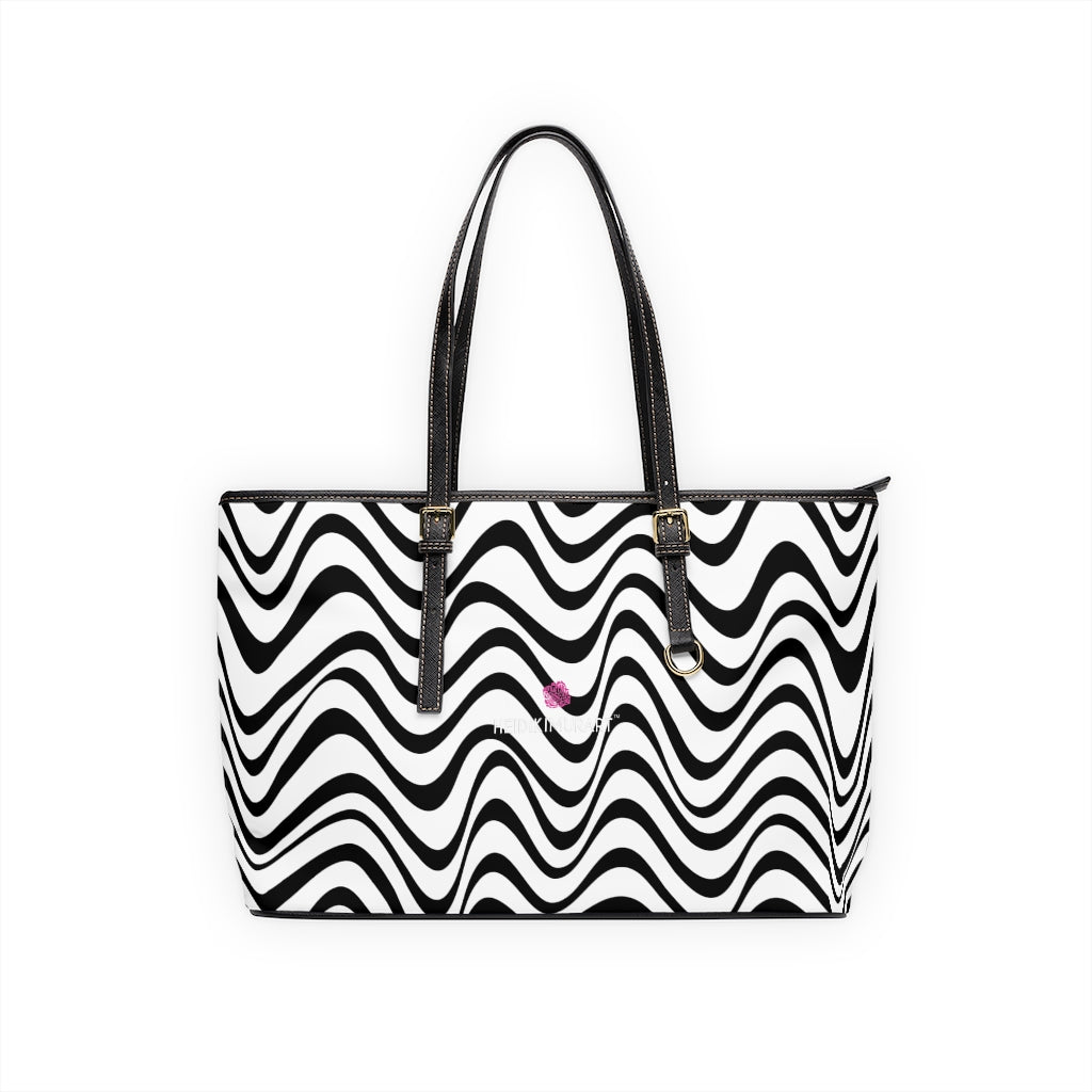 Black White Wavy Tote Bag, Best Abstract Waves PU Leather Shoulder