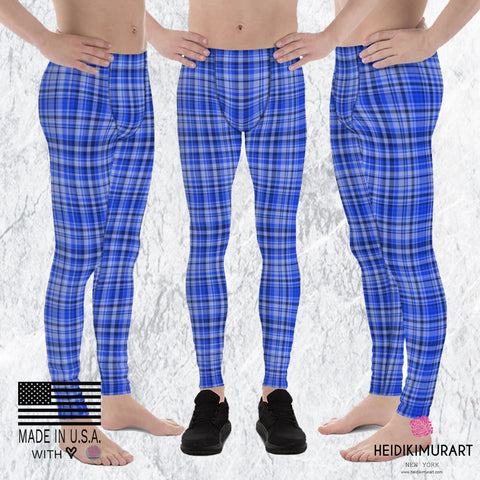 Blue Tartan Plaid Print Meggings, Men's Running Leggings Soft Tights- Made in USA/ EU-Men's Leggings-Heidi Kimura Art LLC