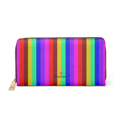 Rainbow Gay Pride Zipped Wallet, Vertical Stripes Gay Pride Colorful Print Best 7.87" x 4.33" Luxury Cruelty-Free Faux Leather Women's Wallet & Purses Compact High Quality Nylon Zip & Metal Hardware, Luxury Long Wallet Card Cases For Women