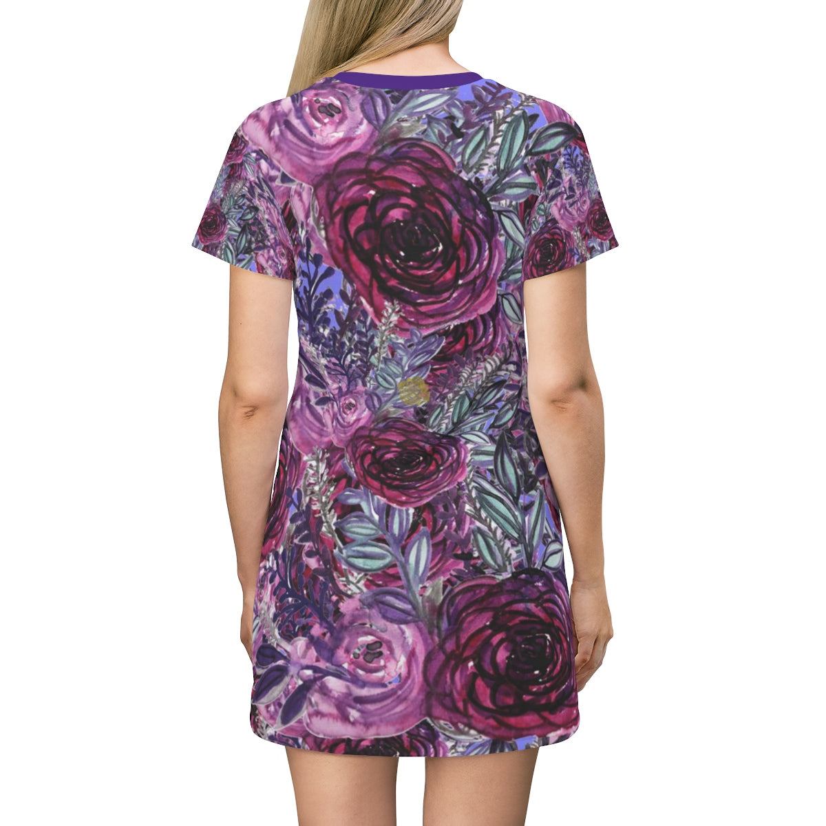 Purple Pink T-Shirt Dress, Rose Floral Print Women's Long T-Shirt Dress-  Made in USA(US Size:XS-2XL) | Heidikimurart Limited, image size:1200x1200