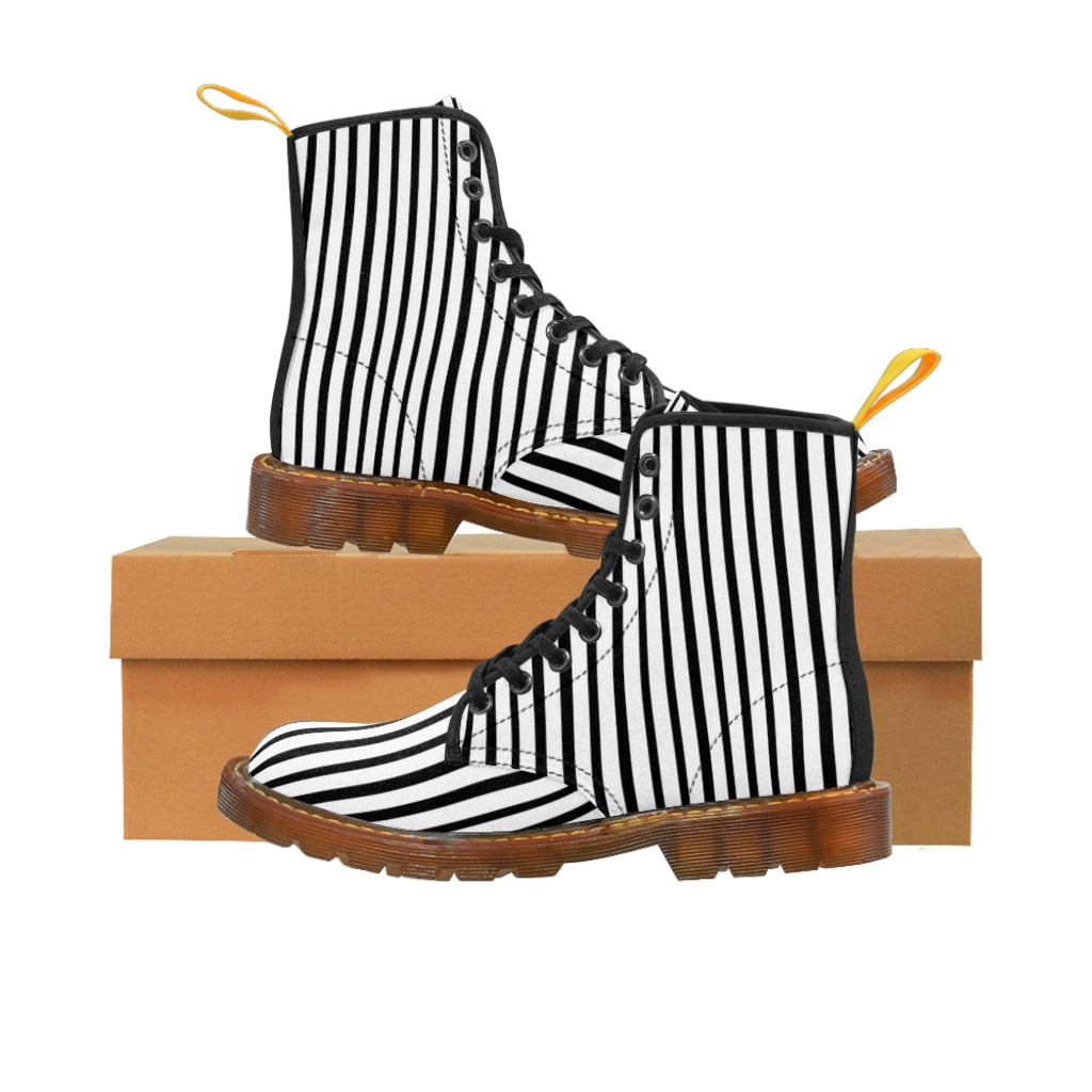 Black Striped Women's Canvas Boots, Vertical Stripes Print Winter ...
