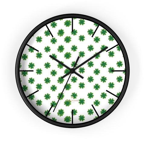 Green Clover Irish St. Patrick's Day Print Large Unique 10" Diameter Wall Clocks- Made in USA-Wall Clock-10 in-Black-Black-Heidi Kimura Art LLC