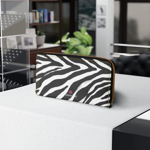White Black Zebra Print Wallet, Best Zebra Striped Animal Print Best 7.87" x 4.33" Luxury Cruelty-Free Faux Leather Women's Wallet & Purses Compact High Quality Nylon Zip & Metal Hardware, Luxury Long Wallet Card Cases For Women
