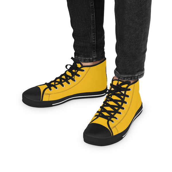 Bright Yellow Men's High Tops, Modern Minimalist Solid Yellow Color Best Men's High Top Laced Up Black or White Style Breathable Fashion Canvas Sneakers Tennis Athletic Style Shoes For Men (US Size: 5-14)