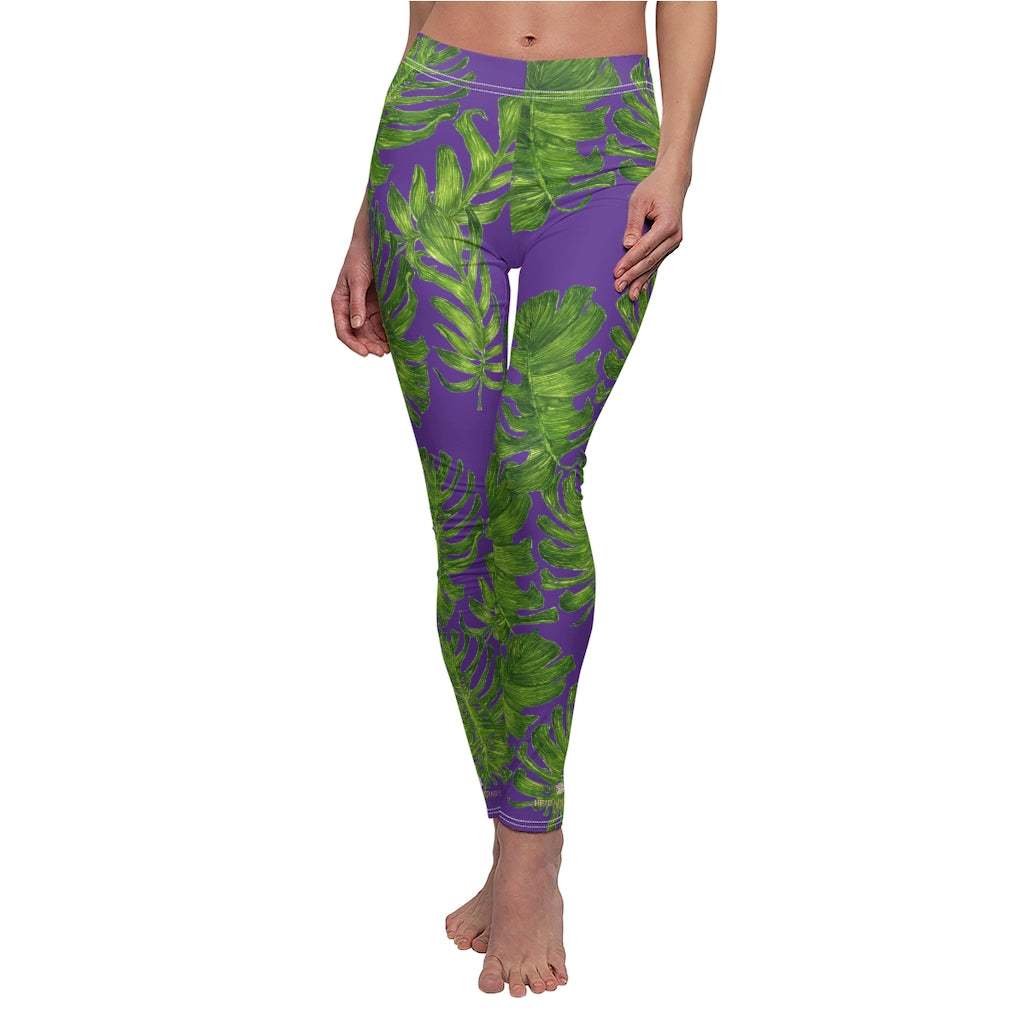 Purple Green Tropical Leaf Tights, Hawaiian Style Print Women's