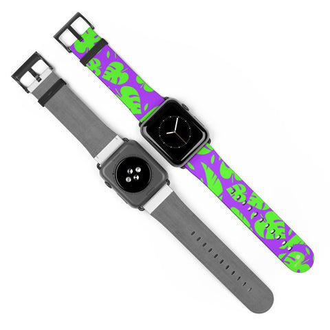 Purple Green Tropical Leaf Print 38mm/42mm Watch Band For Apple Watch- Made in USA-Watch Band-Heidi Kimura Art LLC