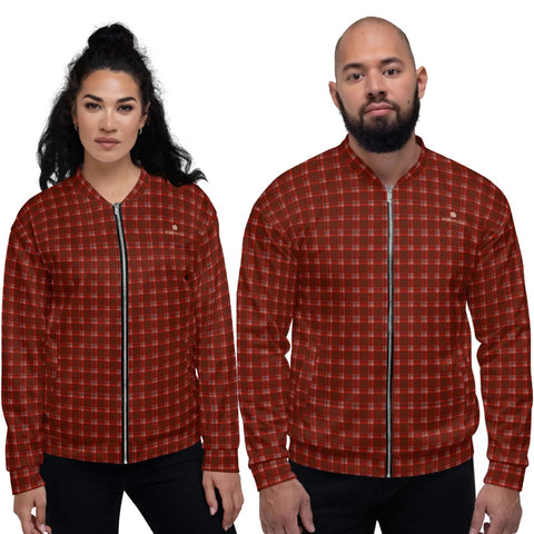 Red Plaid Print Bomber Jacket, Classic Preppy Traditional Style Premium Quality Modern Unisex Jacket For Men/Women With Pockets-Made in EU