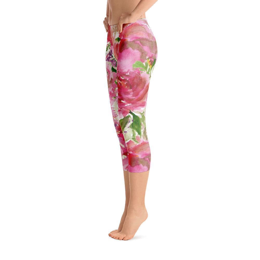 Pink Floral Women's Capri Leggings, Floral Casual Tights Floral