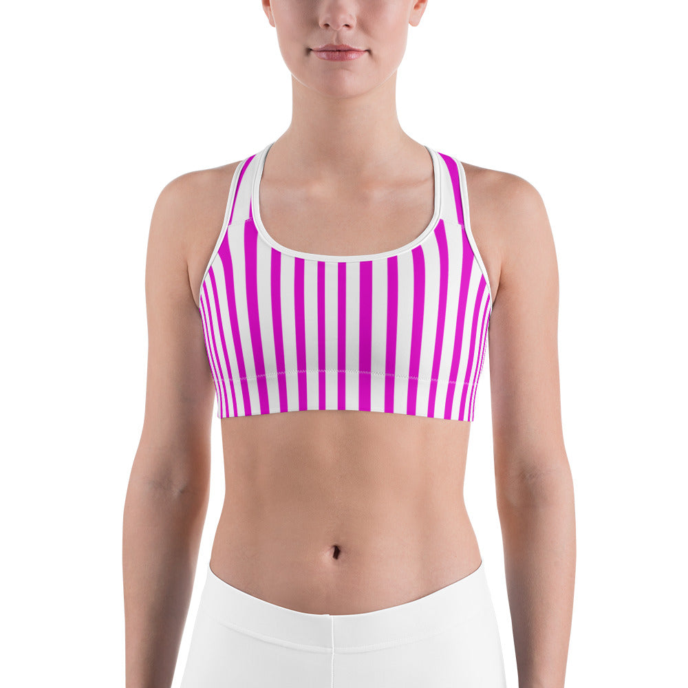 Pink White Unpadded Sports Bra, Colorful Vertical Stripe Print Women's  Sports Bra - Made in USA