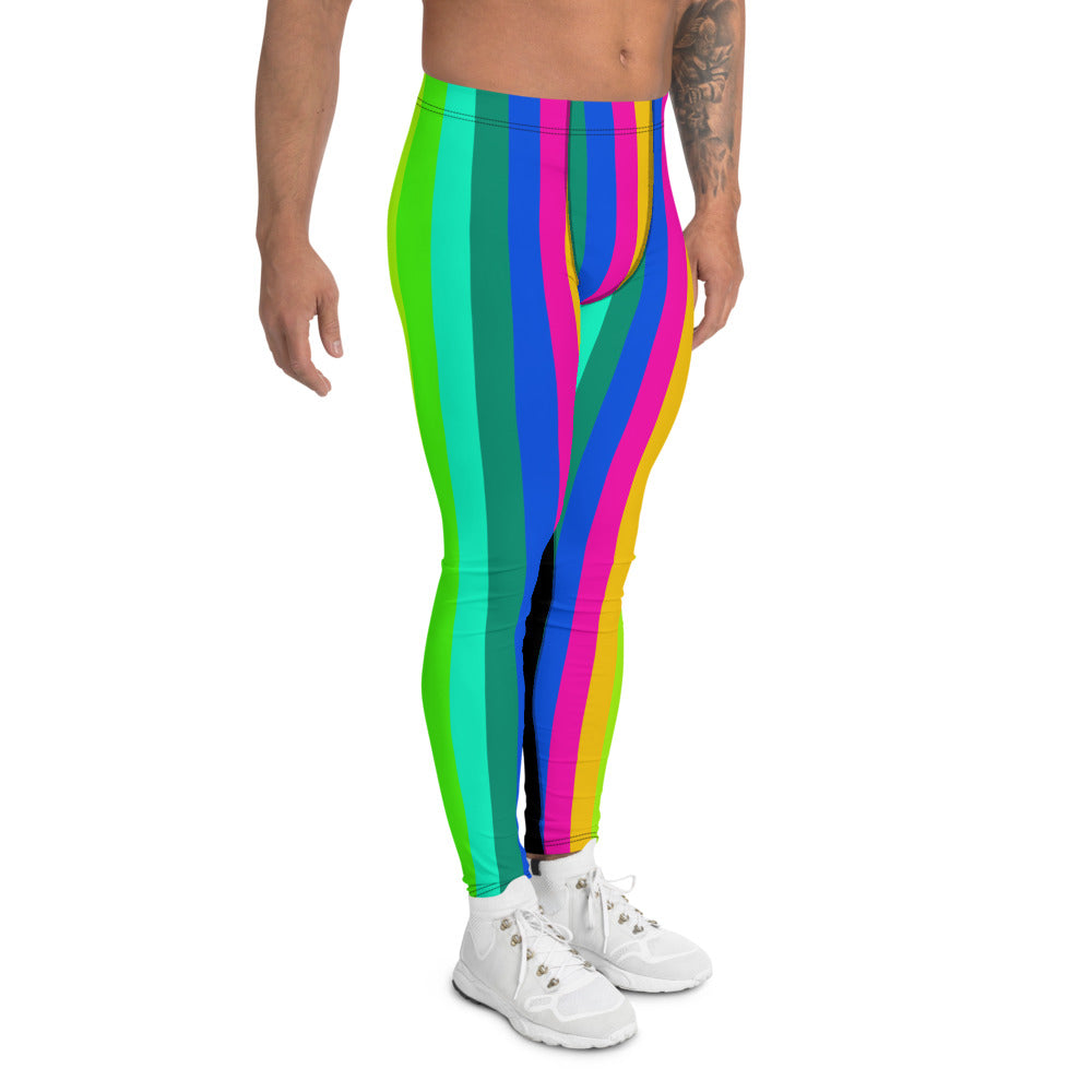 Rainbow Striped Print Men's Leggings, Black Colorful Fun Gay Pride