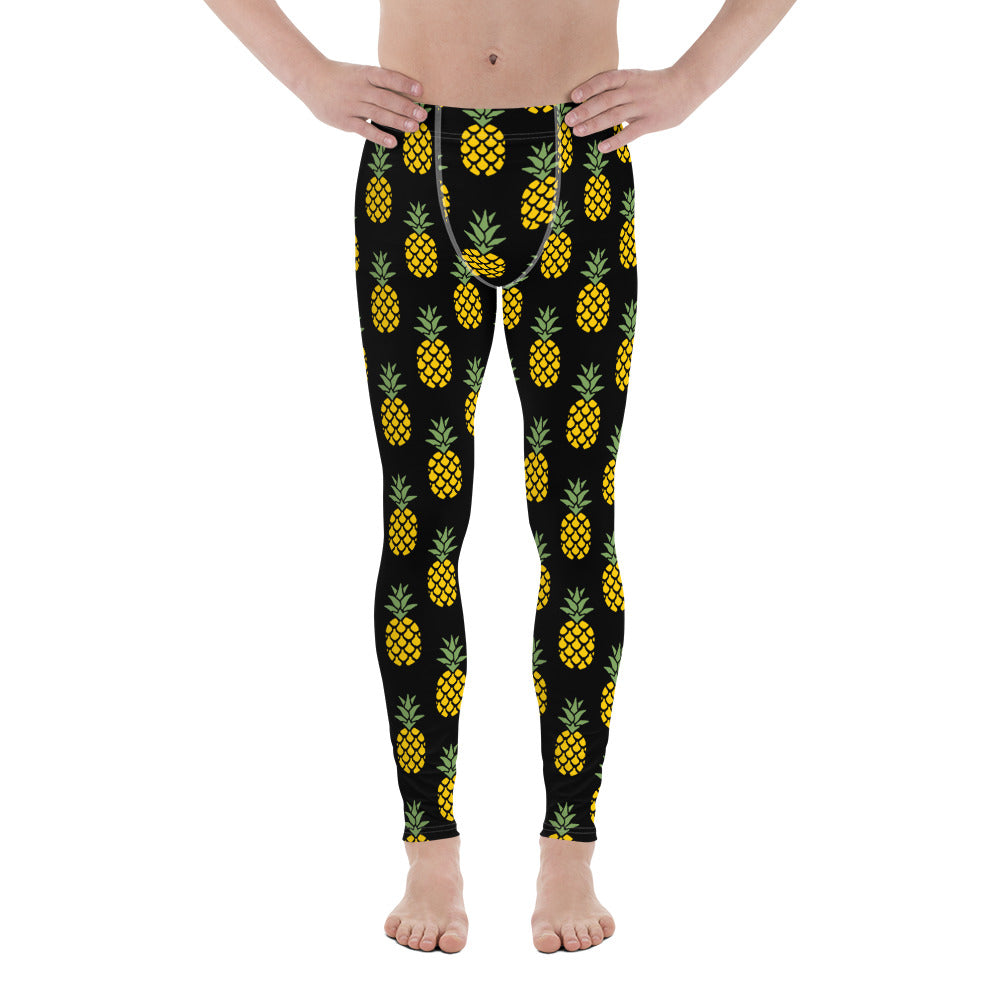 Black Yellow Pineapple Men's Leggings, Pineapples Print Pattern
