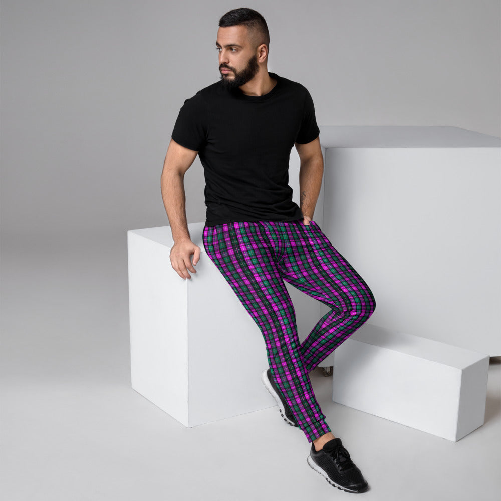 Pink Green Plaid Men's Joggers, Tartan Print Casual Classic Designer  Sweatpants-Made in EU