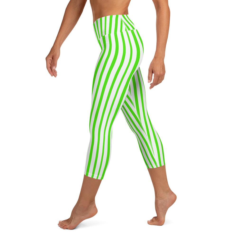 Green Striped Yoga Capri Leggings, White Vertical Striped Circus