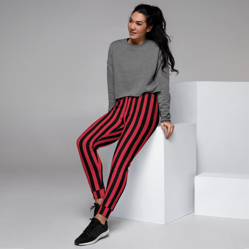 Red Black Striped Women's Joggers, Vertical Stripes Circus Casual