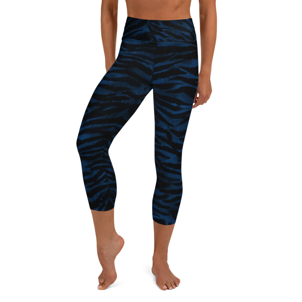 Blue Tiger Stripe Capri Leggings, Animal Print Women's Capris Yoga