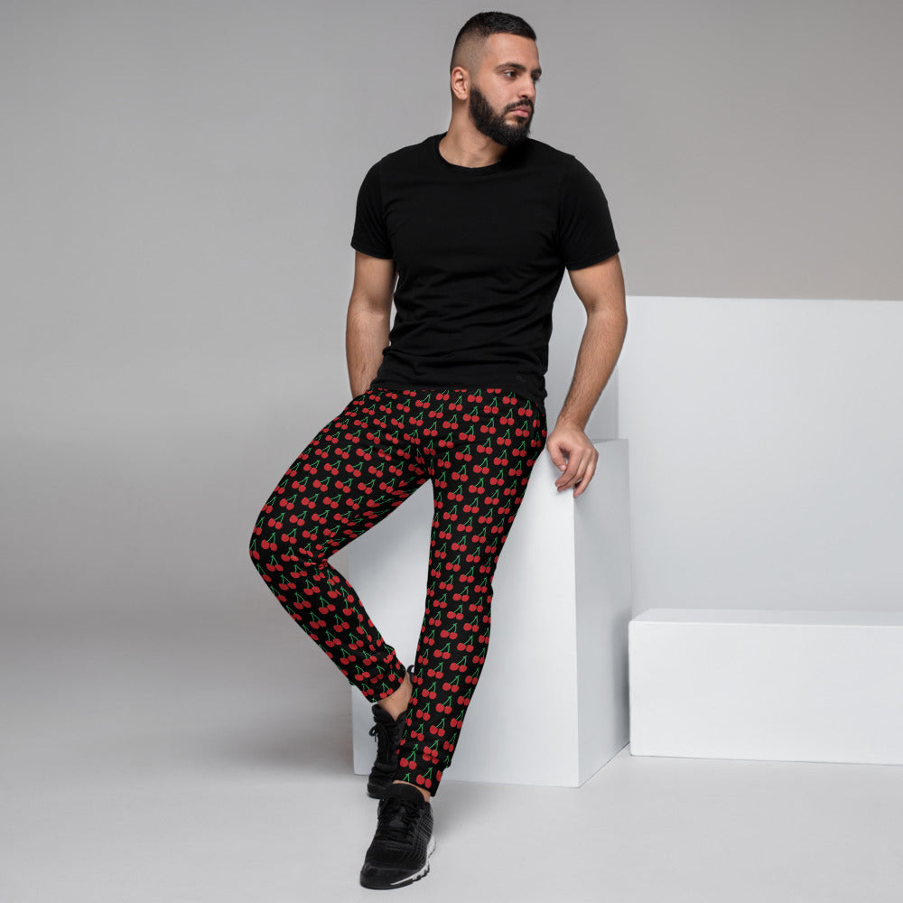 Black Red Cherries Men's Joggers, Designer Cherry Print Sweatpants