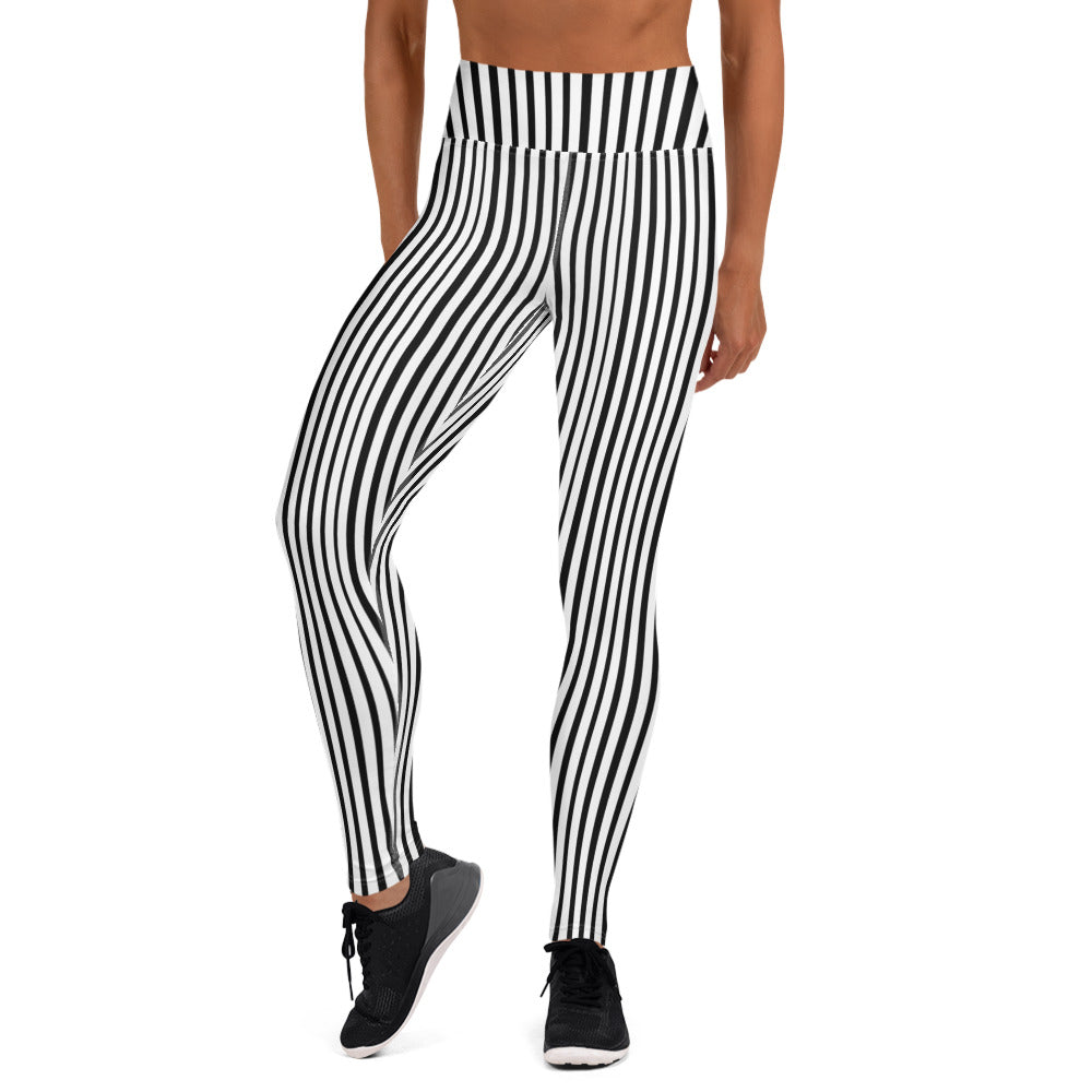 Striped Stretchy Leggings. Black and White Vertical Stripe Yoga