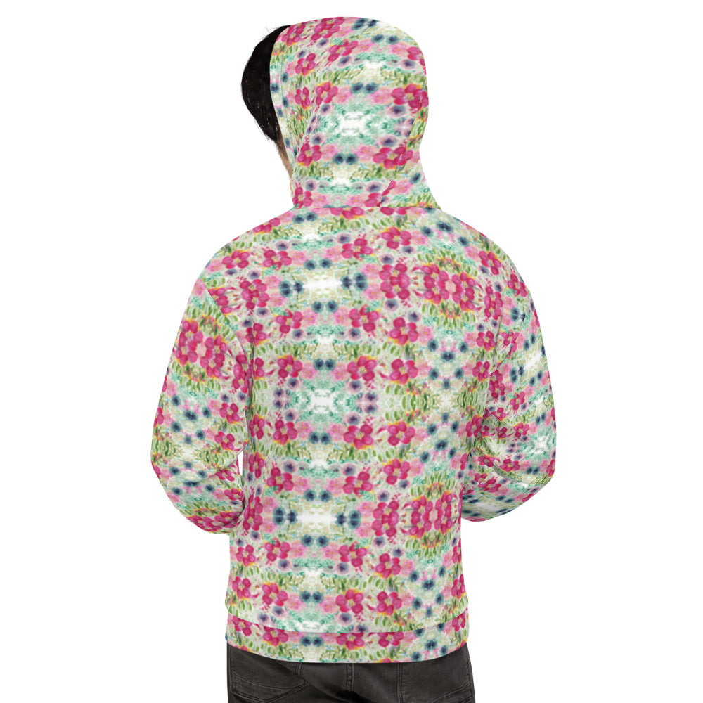 Printful Pink Floral Print Unisex Hoodie, Flower Print Men's Sweatshirt for Men and women-made in EU Xs