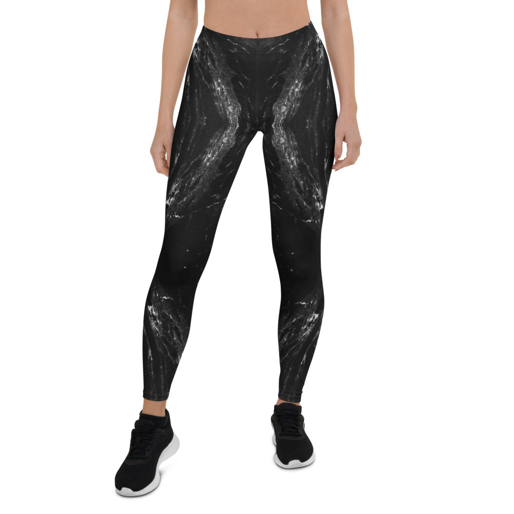 Black White Marbled Casual Leggings, Abstract Marble Print Women's Tights-Made  in USA/EU
