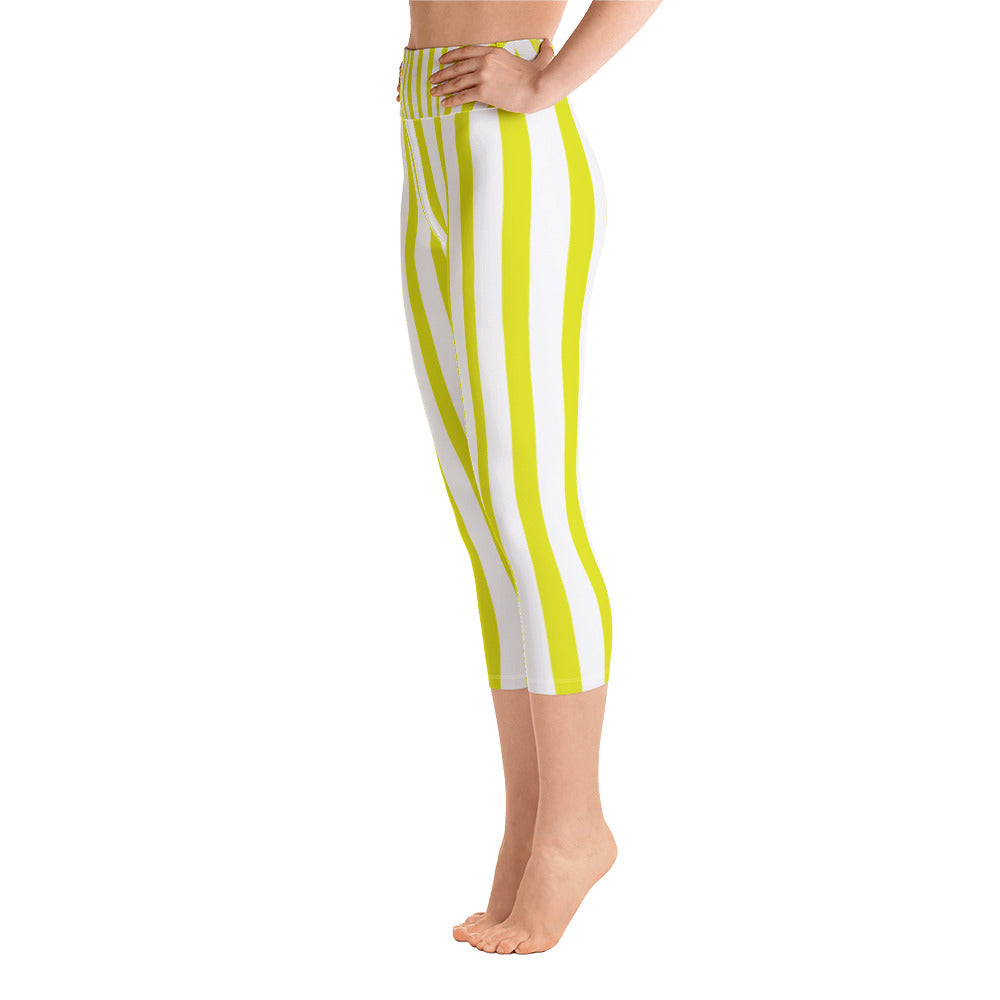 White Gray Vertical Striped Tights, Women's Yoga Capri Pants Leggings- Made  in USA/EU/MX