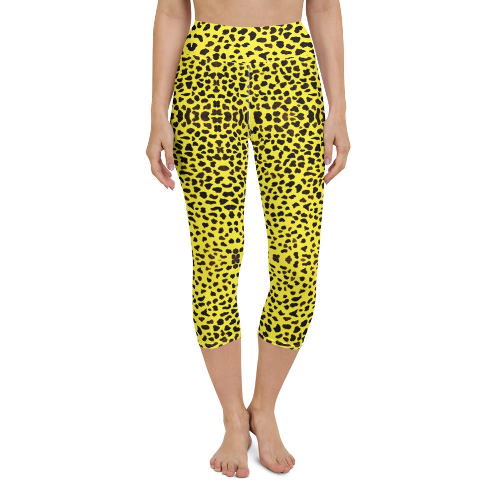 Yellow Leopard Yoga Capri Leggings, Bright Cheetah Animal Print Capri  Tights-Made in USA/EU/MX