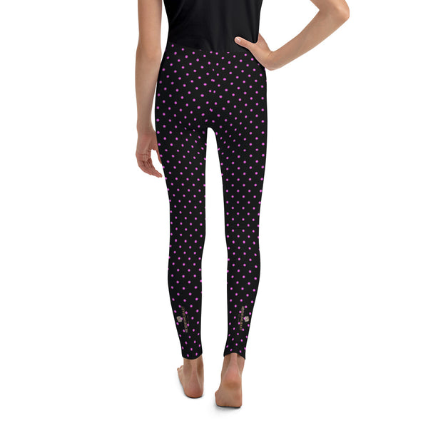 Pink Polka Dots Youth Leggings, Dotted Workout Tights-Made in USA/EU-Heidi Kimura Art LLC-Heidi Kimura Art LLC Pink Polka Dots Youth Leggings, Dotted Workout Exercise Tights, Premium Quality Designer Unisex/ Girl Bottoms Winter Essentials Sports Gym 38-40 UPF Youth Leggings, Made in USA/ MX/ EU, Youth Leggings,  Girl or Boy Leggings, Leggings With Dots, Yoga Pants/ Tights (US Size: 8-20)