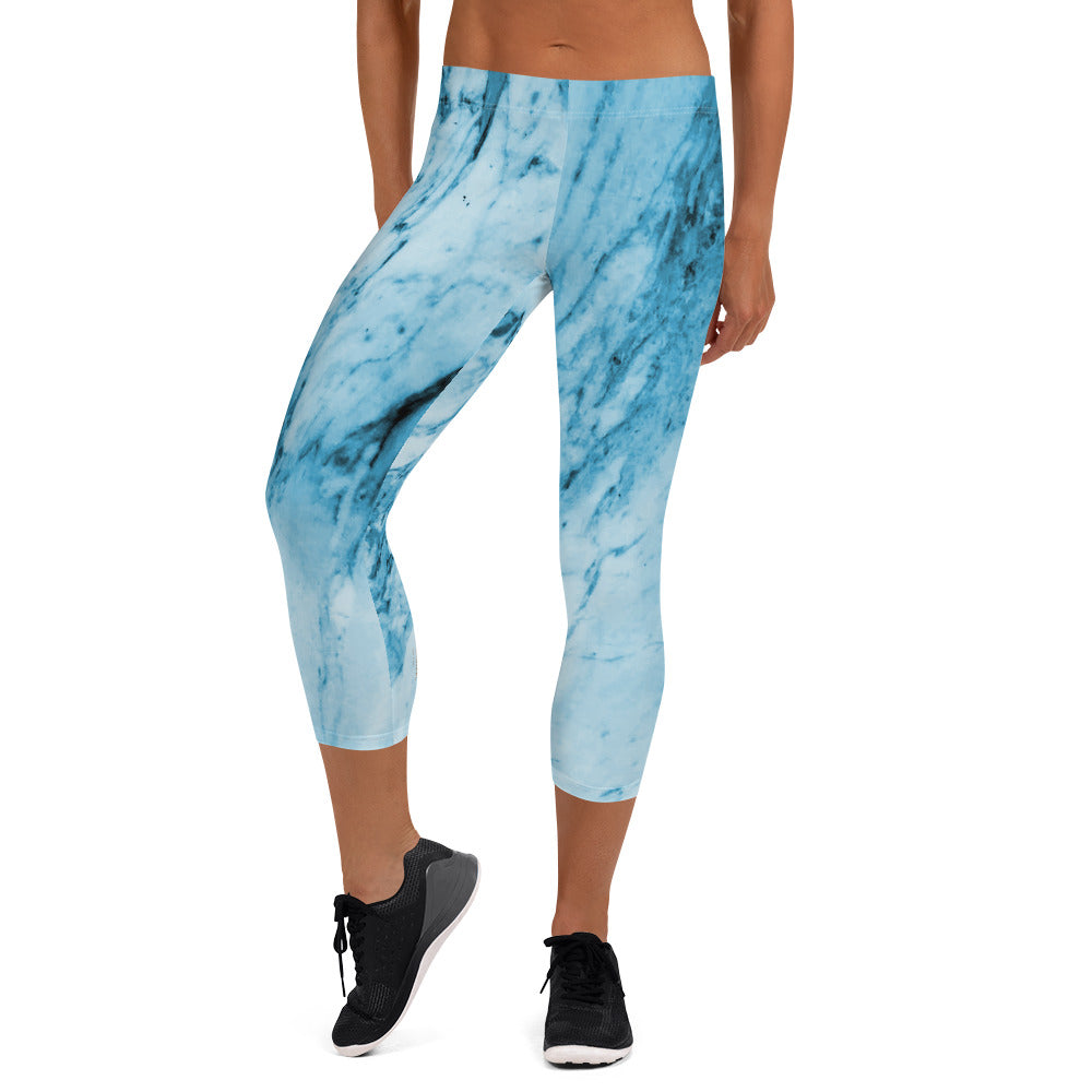Blue Marble Capri Leggings, Abstract Print Women's Stretchy Capris Tights-Made  in USA/EU