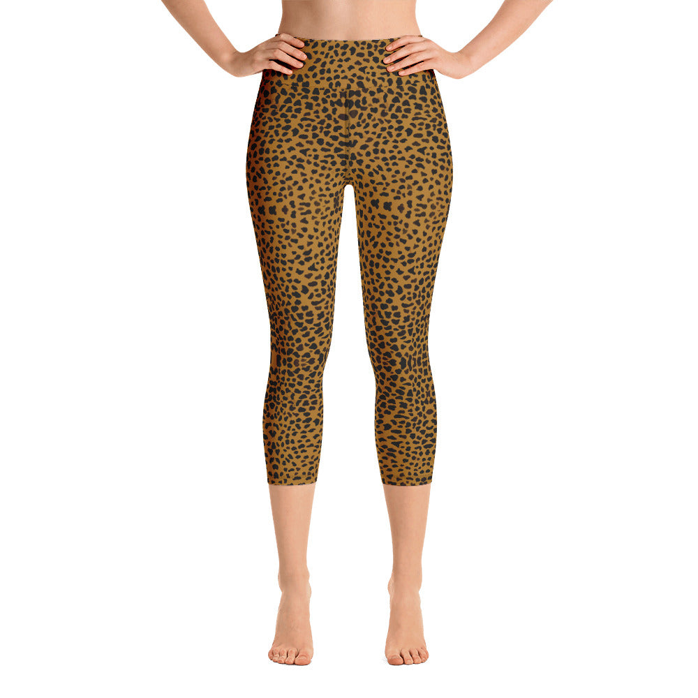 Yellow Leopard Yoga Capri Leggings, Bright Cheetah Animal Print Capri  Tights-Made in USA/EU/MX