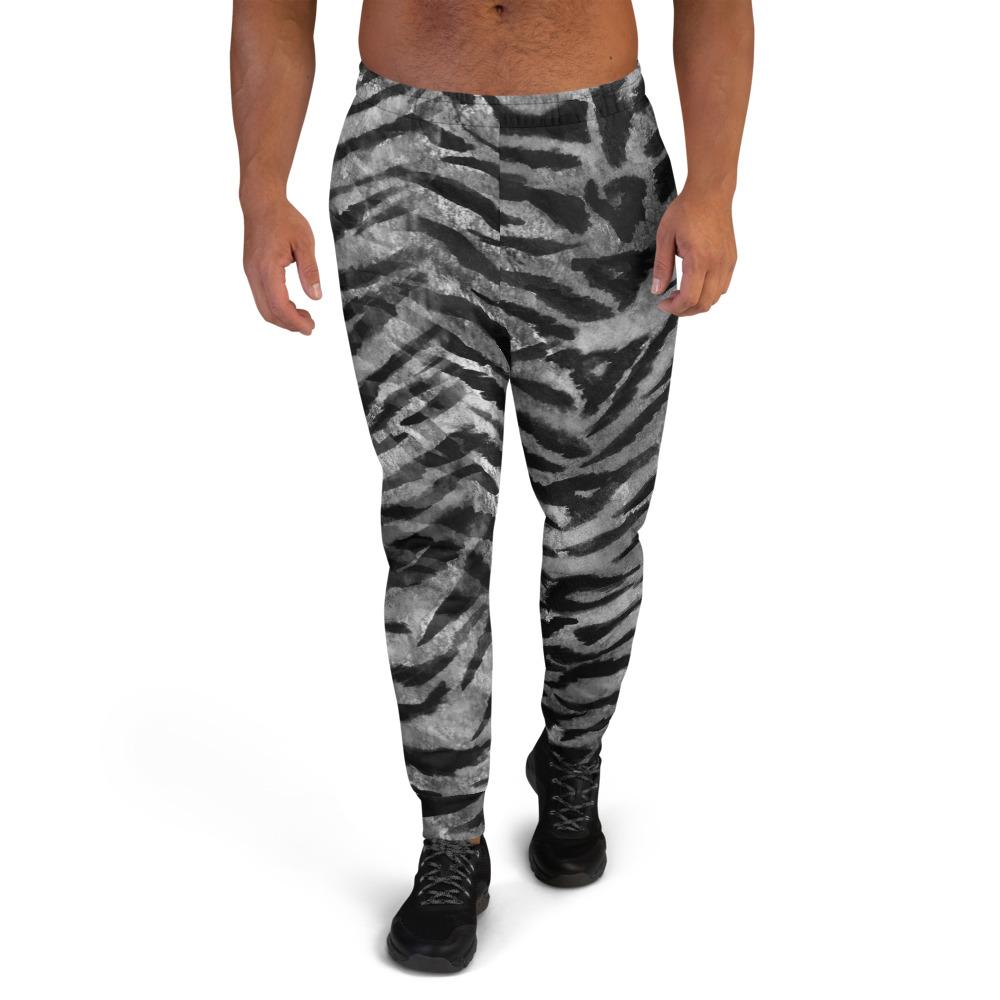 Gray Tiger Stripe Men's Joggers, Animal Print Premium Sweatpants