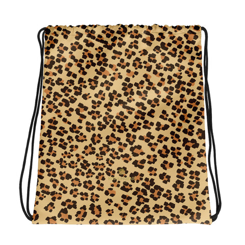 Brown Leopard Animal Print Designer 15”x17” Drawstring Bag For Travel- Made in USA/EU-Drawstring Bag-Heidi Kimura Art LLC Brown Leopard Drawstring Bag, Brown Leopard Animal Print Women's 15”x17” Designer Premium Quality Best Drawstring Bag For Travel or School -Made in USA/Europe