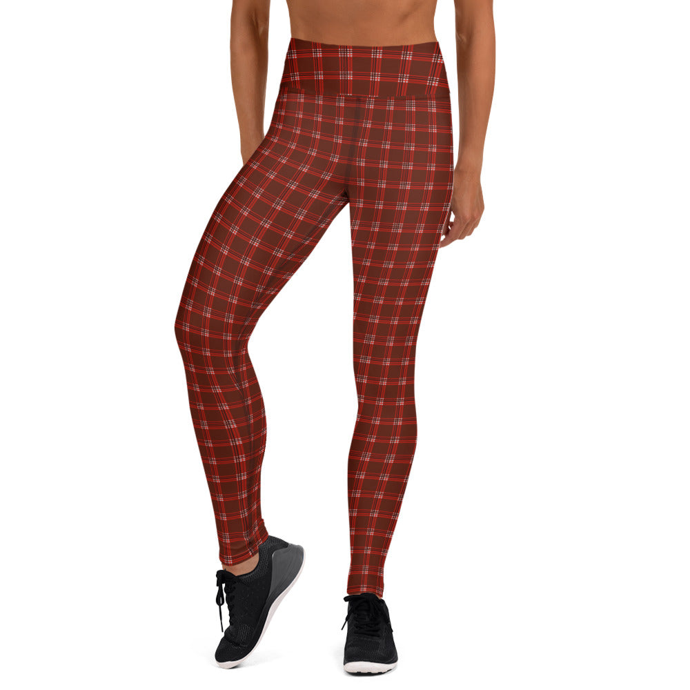 Dark Red Plaid Yoga Leggings, Tartan Print Women's Tights-Made in USA/EU