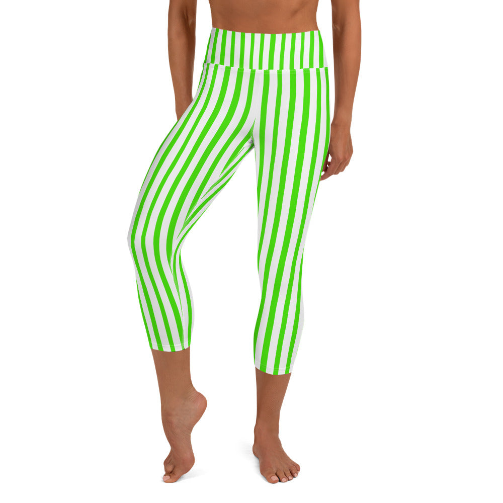 Green Striped Yoga Capri Leggings, White Vertical Striped Circus Tights-  Made in USA/EU