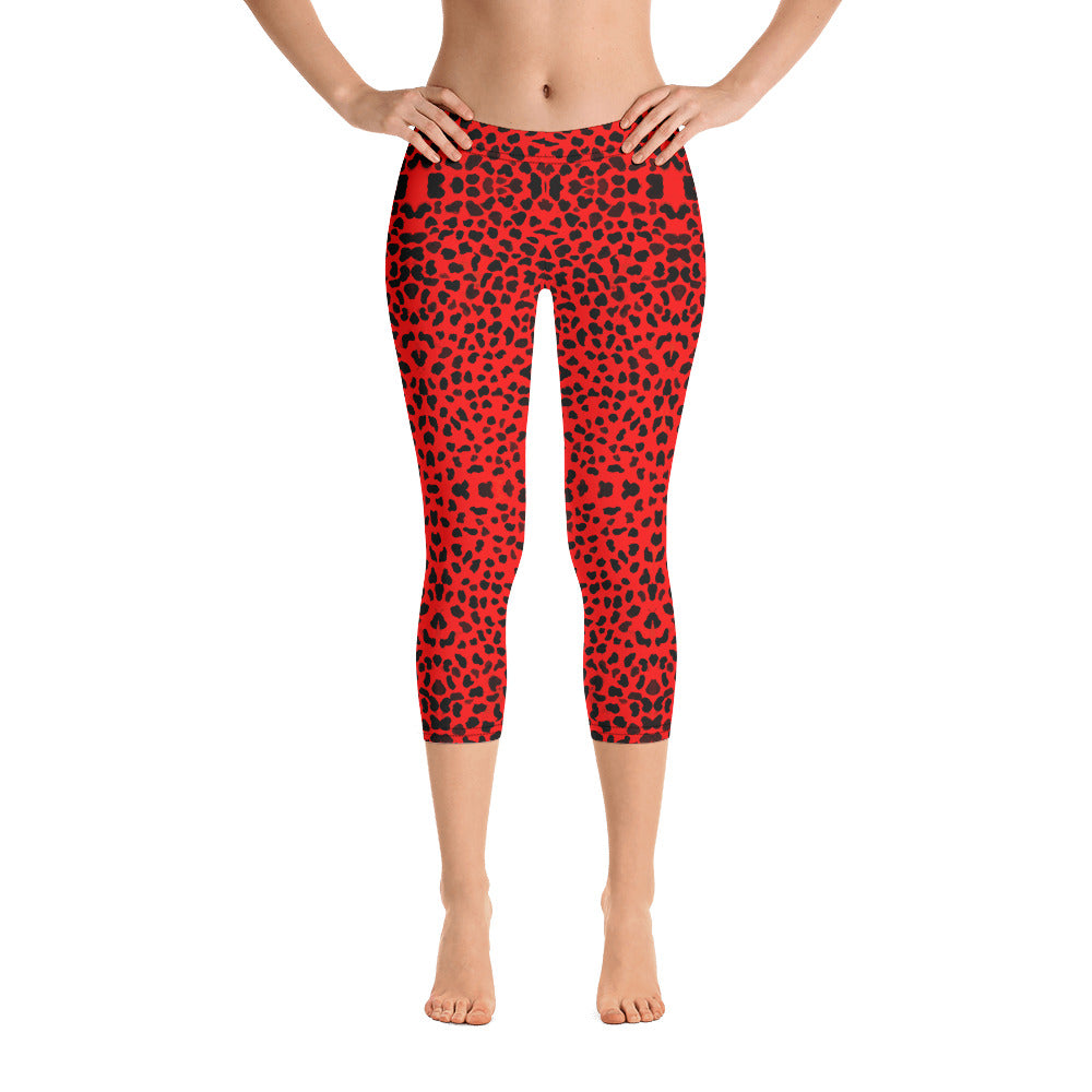 Red Cheetah Capri Leggings, Animal Print Wild Sexy Women's Capris  Tights-Made in USA/EU