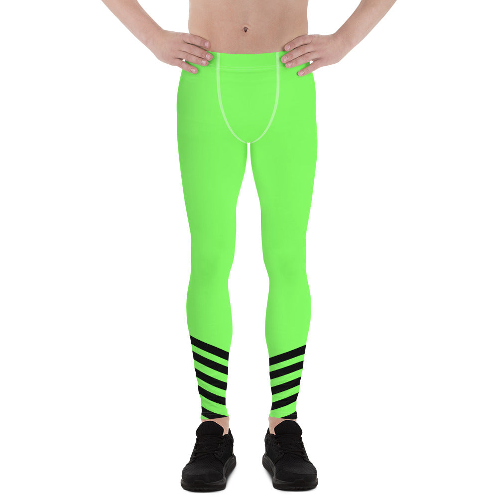 Bright Neon Green Men's Leggings, Diagonal Stripe Compression Rave
