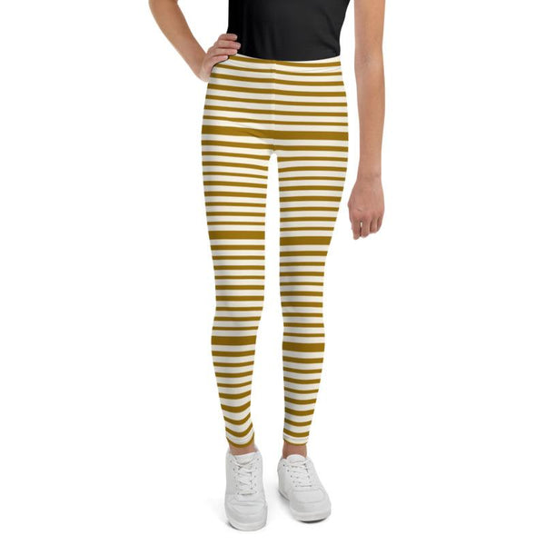 Brown Light Yellow Horizontal Stripe Print Premium Youth Leggings- Made in USA/EU-Youth's Leggings-Heidi Kimura Art LLC