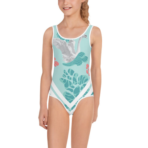 Elegant Swan Print Girl's Swimsuit, Elegant Light Blue White Swan Bird Print Girl's Swimsuit, Girl's Kids Premium Swimwear Sportswear Swimsuit - Made in USA/EU (US Size: 2T-7)
