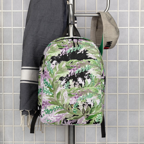 Black Lavender Floral Backpack, Floral Print Pattern White Modern Unisex Designer Minimalist Water-Resistant Ergonomic Padded Backpack With Large Inside Pocket to Fit Most 15" Laptops - Made in EU, Minimalist Backpack