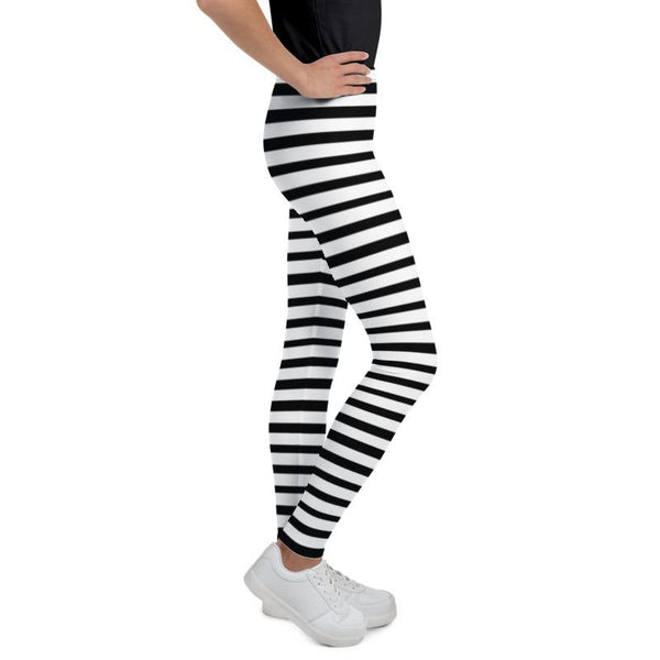 White And Black Horizontal Stripe Print Modern Best Youth Leggings- Made in USA/ EU-Youth's Leggings-Heidi Kimura Art LLC