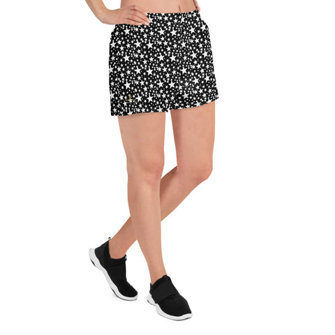 Black White Star Print Pattern Designer Women's Athletic Running Short Shorts- Made in USA/EU-Women's Athletic Shorts-Heidi Kimura Art LLC Black Star Women's Shorts, Black White Star Print Pattern Designer Best Women's Athletic Running Short Printed Water-Repellent Microfiber Individually Sewn Shorts With Elastic Waistband With A Drawstring And Mesh Side Pockets - Made in USA/EU (US Size: XS-3XL) Running Shorts Womens, Printed Running Shorts, Plus Size Available, Perfect for Running and Swimming 