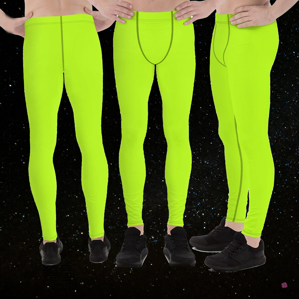 Lime Green Neon Print Meggings, Solid Color Men's Leggings