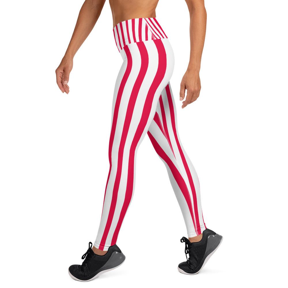 Red Striped Women's Leggings, White Active Wear Best Long Yoga Pants-Made  in USA/EU