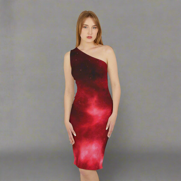 Red Abstract Women's Shoulder Dress, Galaxy Red Abstract Print Best Women's Shoulder Dress - Made in USA