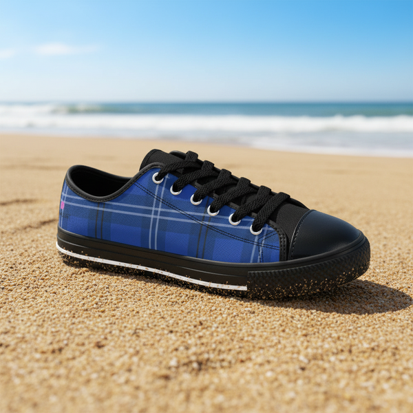 Royal Blue Plaid Women's Sneakers, Blue Classic Tartan Print Designer Low Top Fashion Tennis Shoes Women's Sneakers Shoes (US Size: 6-12)