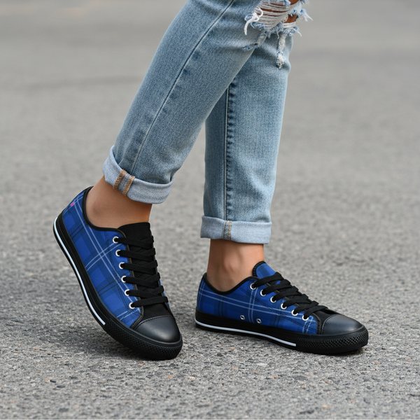 Royal Blue Plaid Women's Sneakers, Blue Classic Tartan Print Designer Low Top Fashion Tennis Shoes Women's Sneakers Shoes (US Size: 6-12)