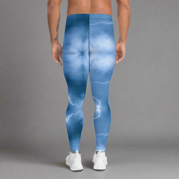 Ocean Blue Lightning Men's Leggings, Mens Lightning Storm Pants, Thunder Lightning Leggings For Men-Made in USA/EU/MX