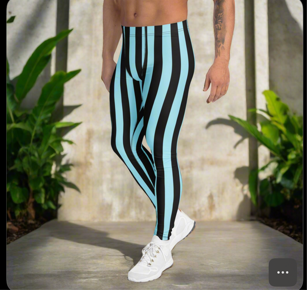 Blue Black Vertically Striped Meggings, Men's Leggings