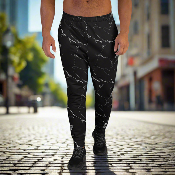 Gray Marble Print Men's Joggers, Premium Black Marble Abstract Print Men's Sweatpants-Made in EU/MX/USA