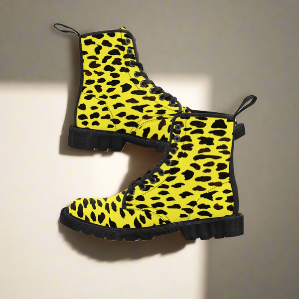 Yellow Cheetah Print Men Hiker Boots, Animal Print Best Designer Men's Canvas Boots Shoes (US Size: 7-10.5)